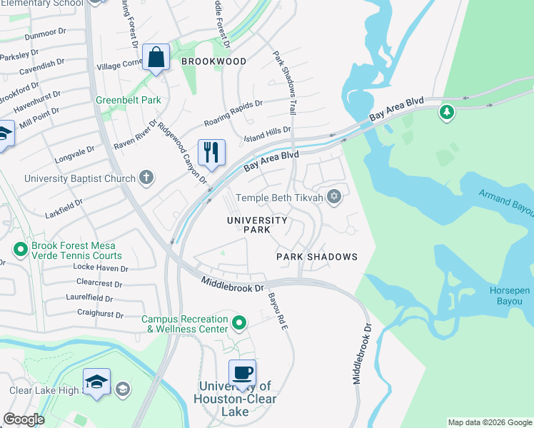 map of restaurants, bars, coffee shops, grocery stores, and more near 12215 Rutgers Park Ct in Houston