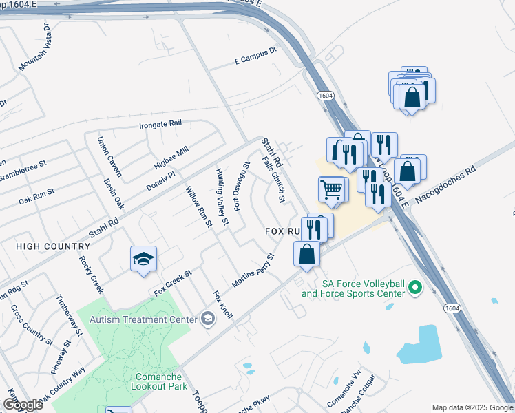 map of restaurants, bars, coffee shops, grocery stores, and more near 16519 Burr Hill Street in San Antonio