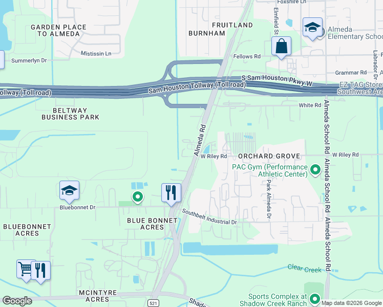 map of restaurants, bars, coffee shops, grocery stores, and more near 14616 Almeda Road in Houston