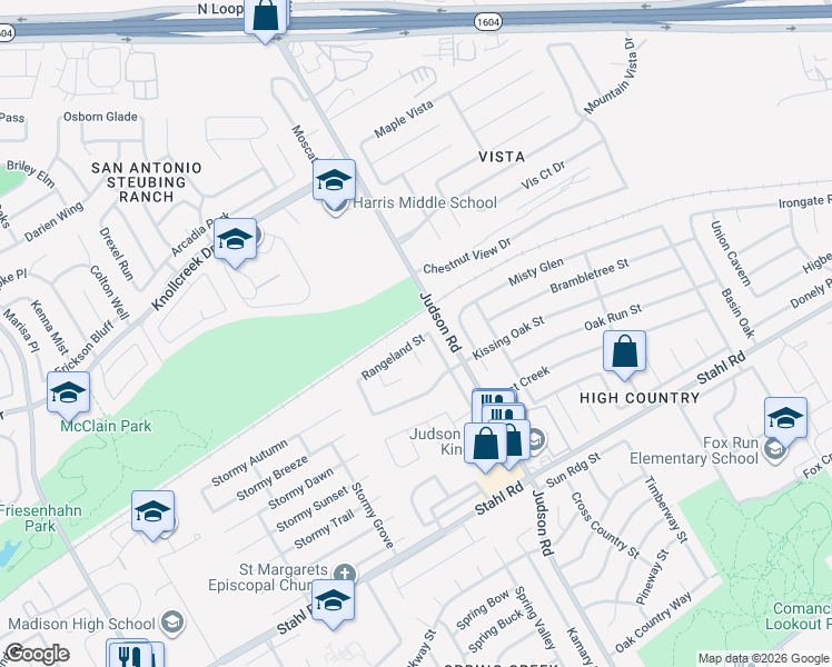 map of restaurants, bars, coffee shops, grocery stores, and more near 5583 Rangeland Street in San Antonio