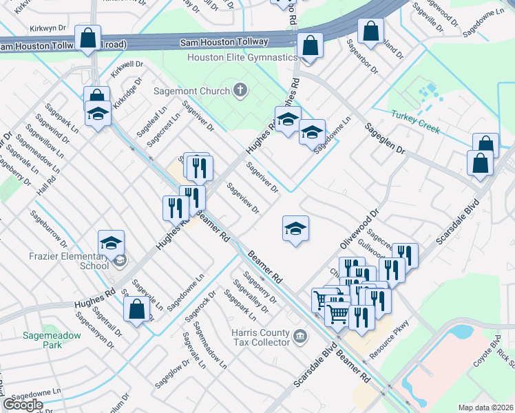 map of restaurants, bars, coffee shops, grocery stores, and more near 11319 Sageview Drive in Houston