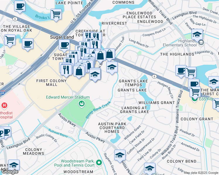 map of restaurants, bars, coffee shops, grocery stores, and more near 2615 Cordes Drive in Sugar Land