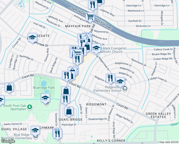 map of restaurants, bars, coffee shops, grocery stores, and more near 5354 Castlecreek Lane in Houston