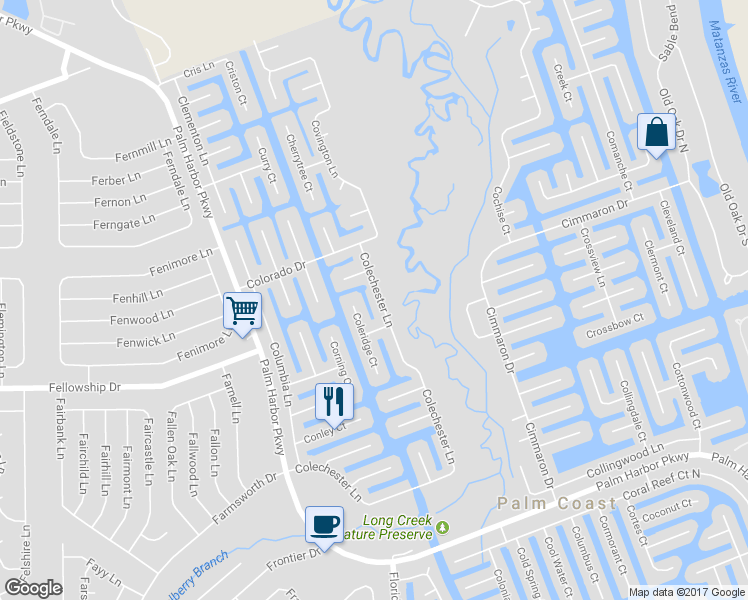 map of restaurants, bars, coffee shops, grocery stores, and more near 113 Colechester Lane in Palm Coast