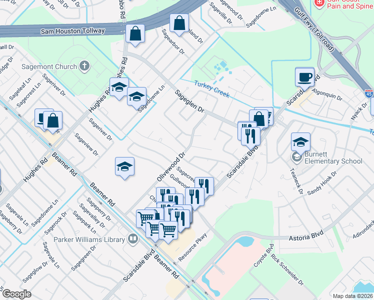 map of restaurants, bars, coffee shops, grocery stores, and more near Olivewood Dr & S Meadoway Dr in Harris