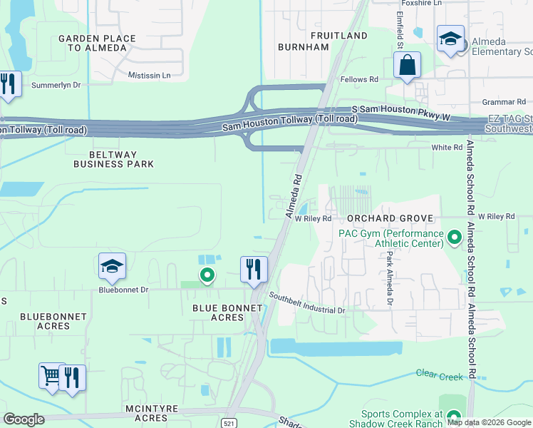 map of restaurants, bars, coffee shops, grocery stores, and more near 3430 West Riley Road in Houston