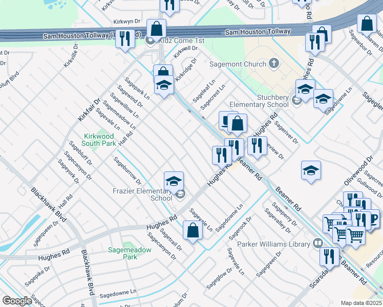 map of restaurants, bars, coffee shops, grocery stores, and more near 11019 Sagewind Drive in Houston