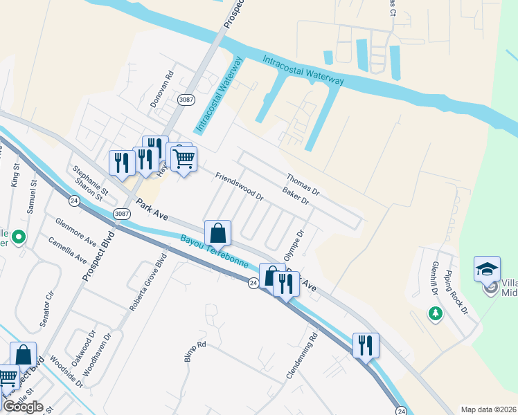 map of restaurants, bars, coffee shops, grocery stores, and more near 7 Kingsridge Loop in Houma