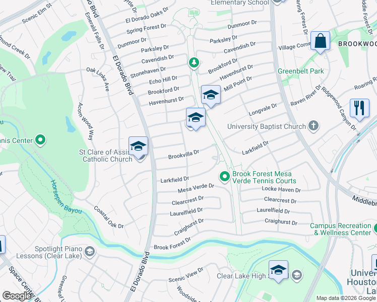 map of restaurants, bars, coffee shops, grocery stores, and more near 15903 Brookvilla Drive in Houston