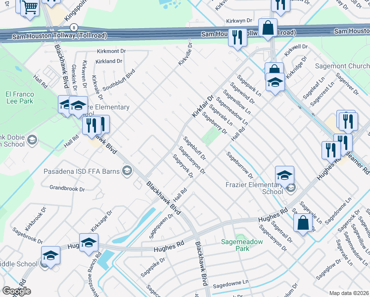 map of restaurants, bars, coffee shops, grocery stores, and more near 10615 Sagecanyon Drive in Houston