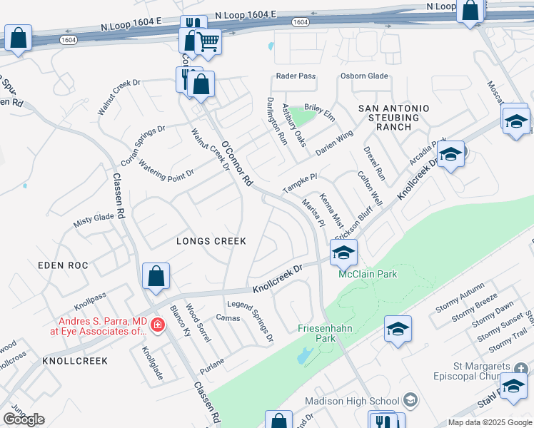map of restaurants, bars, coffee shops, grocery stores, and more near 4614 Pinehurst Mesa in San Antonio
