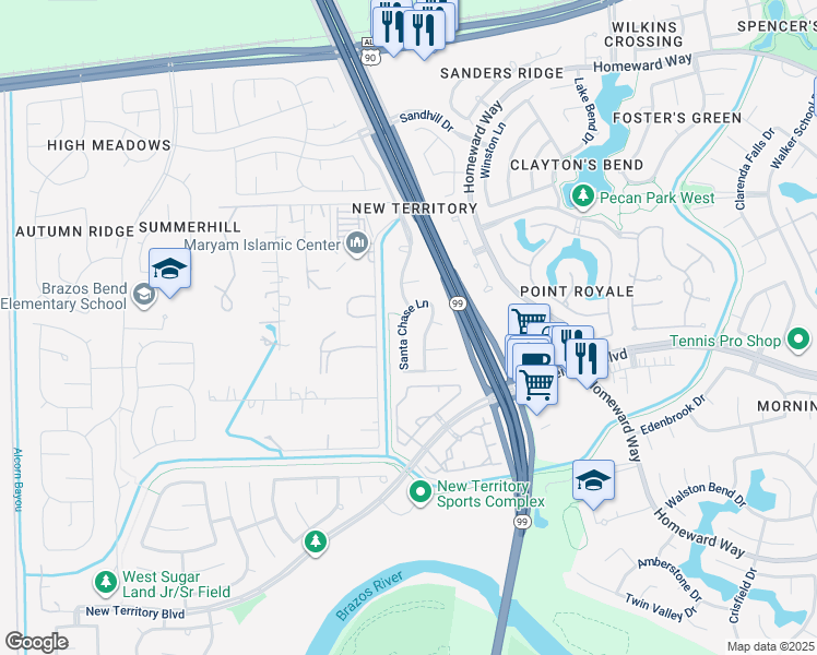 map of restaurants, bars, coffee shops, grocery stores, and more near 5446 Santa Chase Lane in Sugar Land