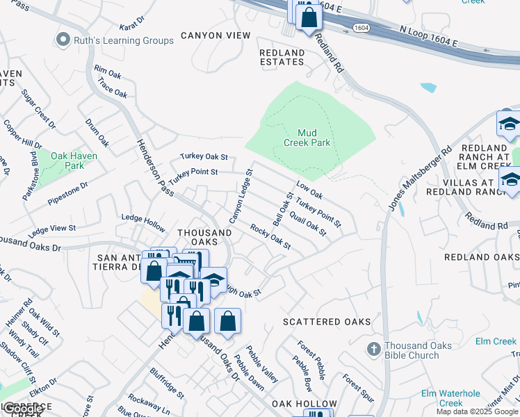 map of restaurants, bars, coffee shops, grocery stores, and more near 2819 Burnt Oak Street in San Antonio