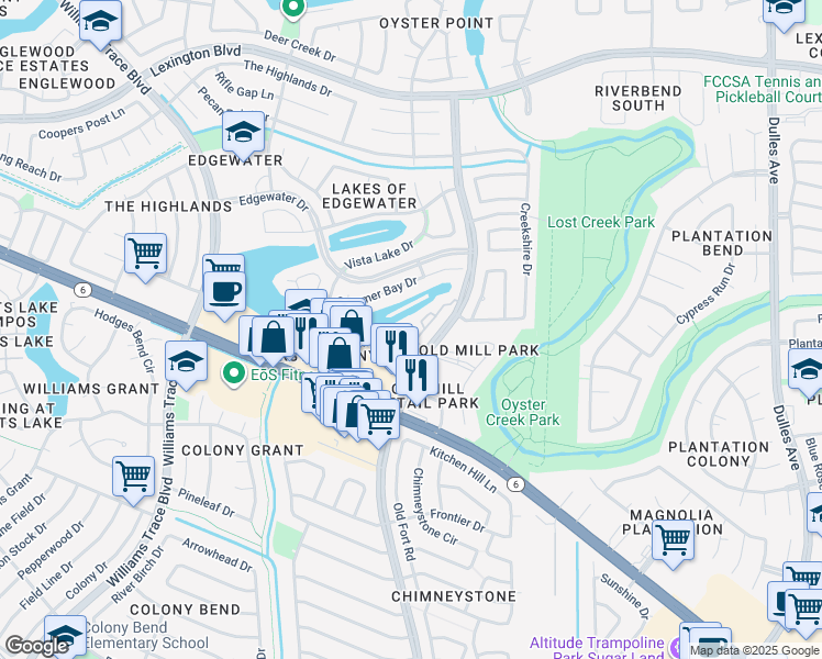 map of restaurants, bars, coffee shops, grocery stores, and more near 2222 Settlers Way Boulevard in Sugar Land