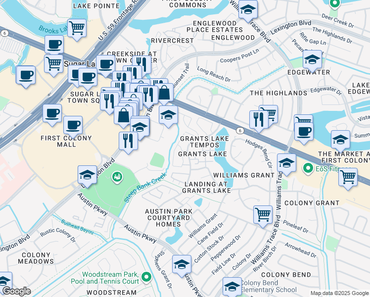 map of restaurants, bars, coffee shops, grocery stores, and more near 2710 Grants Lake Boulevard in Sugar Land