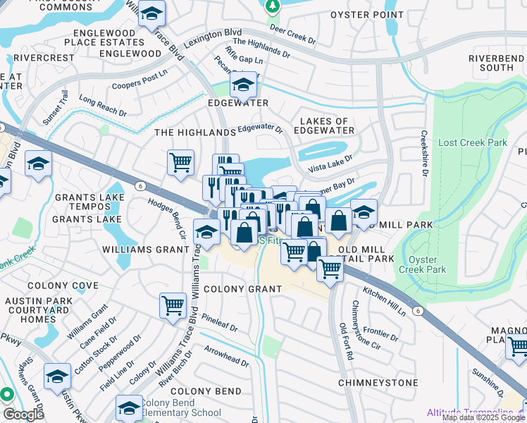 map of restaurants, bars, coffee shops, grocery stores, and more near 3425 Highway 6 in Sugar Land
