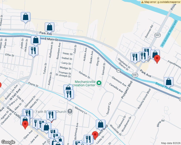 map of restaurants, bars, coffee shops, grocery stores, and more near 140 King Street in Houma