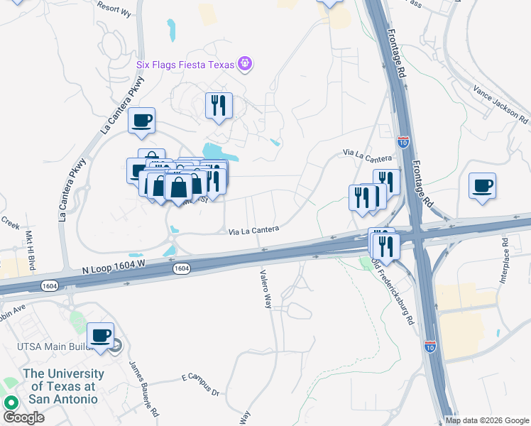 map of restaurants, bars, coffee shops, grocery stores, and more near 6107 Via La Cantera in San Antonio