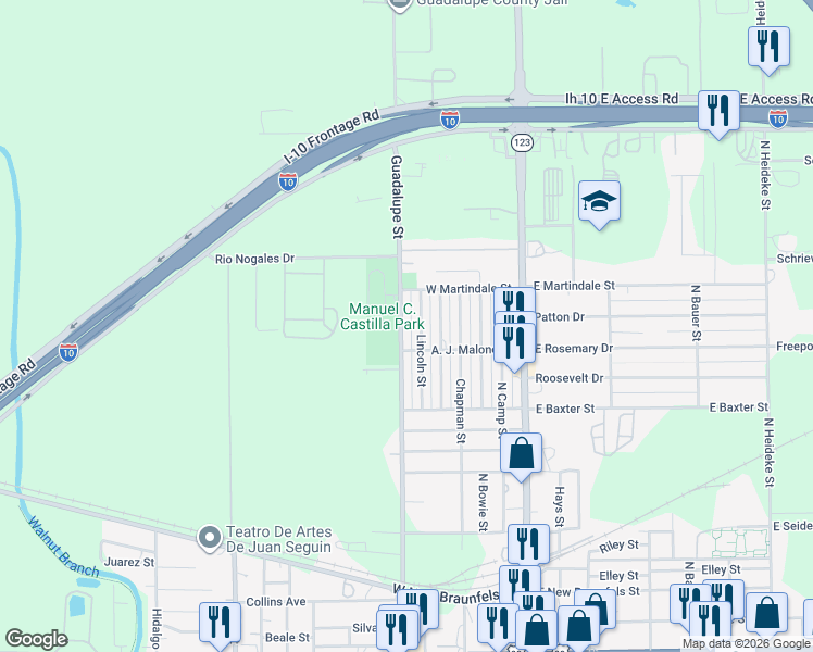 map of restaurants, bars, coffee shops, grocery stores, and more near 2223 North Guadalupe Street in Seguin