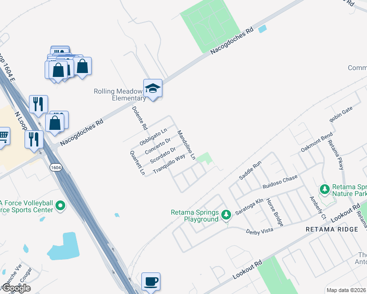 map of restaurants, bars, coffee shops, grocery stores, and more near 7450 Scordato Drive in San Antonio