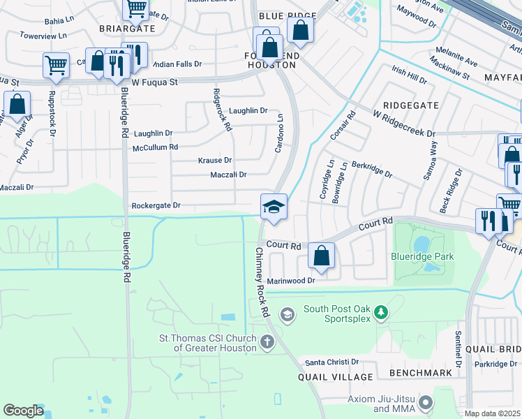 map of restaurants, bars, coffee shops, grocery stores, and more near 16022 Chimney Rock Road in Missouri City