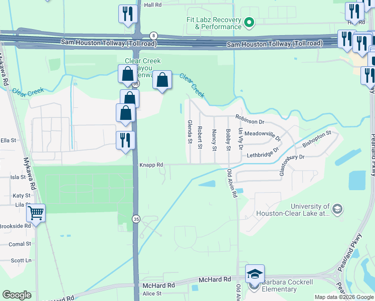 map of restaurants, bars, coffee shops, grocery stores, and more near 1160 Glenda Street in Pearland