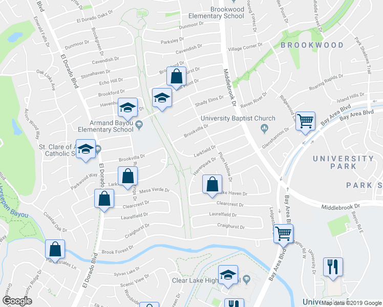 map of restaurants, bars, coffee shops, grocery stores, and more near 16367 Larkfield Drive in Houston