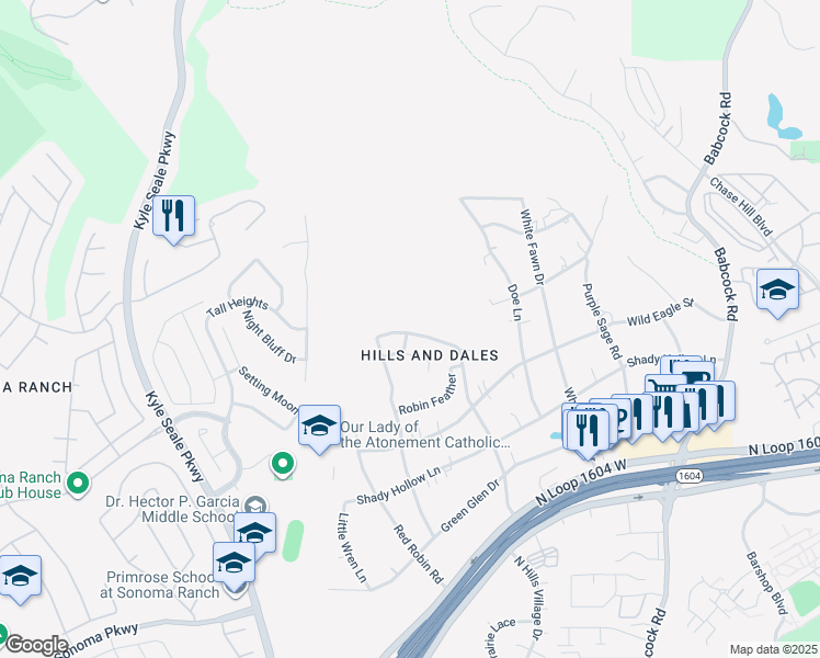 map of restaurants, bars, coffee shops, grocery stores, and more near 15770 Cotton Tail Lane in San Antonio