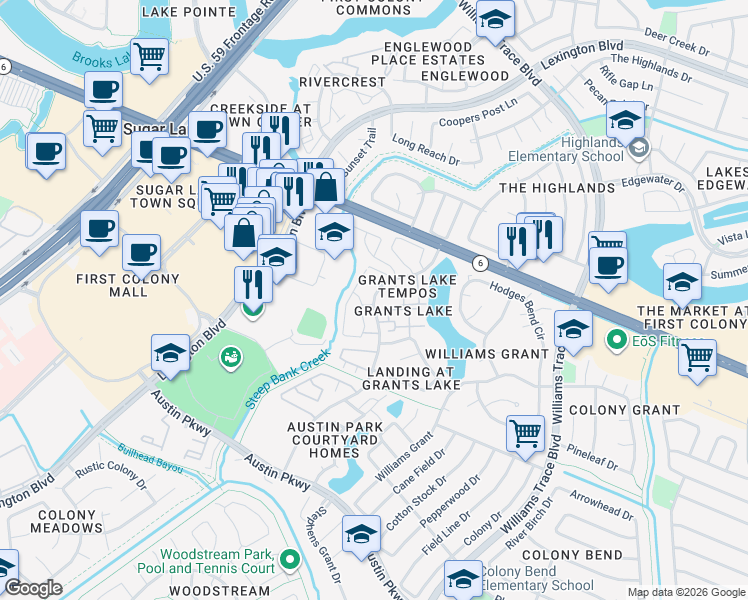 map of restaurants, bars, coffee shops, grocery stores, and more near 2712 Grants Lake Boulevard in Sugar Land