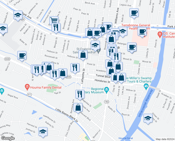 map of restaurants, bars, coffee shops, grocery stores, and more near 804 Grinage Street in Houma
