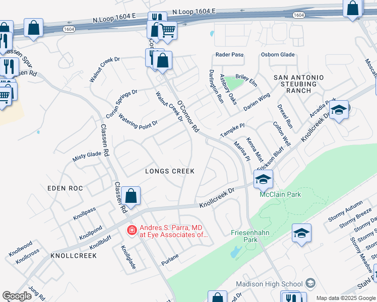 map of restaurants, bars, coffee shops, grocery stores, and more near 15847 Walnut Creek Drive in San Antonio
