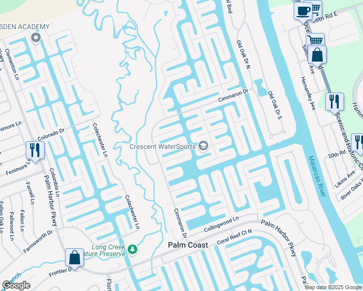 map of restaurants, bars, coffee shops, grocery stores, and more near 20 Cedarfield Court in Palm Coast
