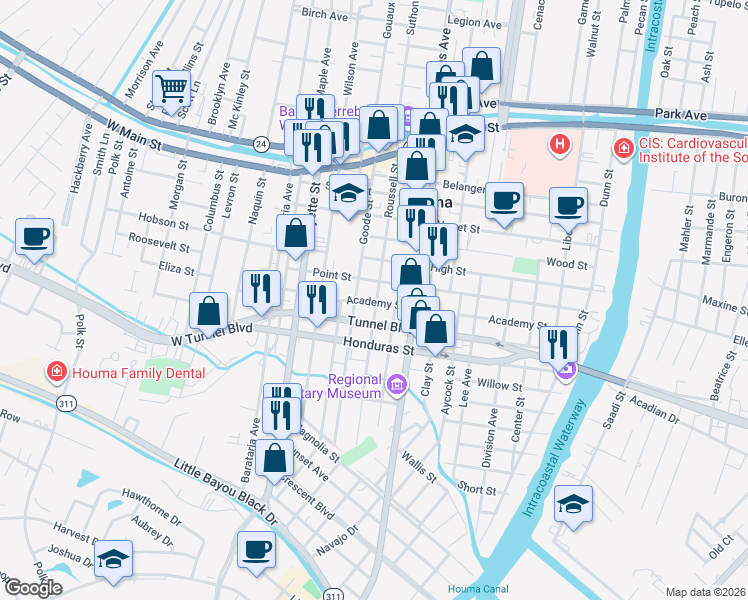 map of restaurants, bars, coffee shops, grocery stores, and more near 623 Academy Street in Houma