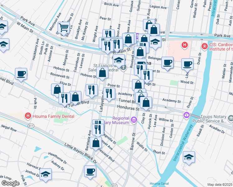 map of restaurants, bars, coffee shops, grocery stores, and more near 404 Academy Street in Houma