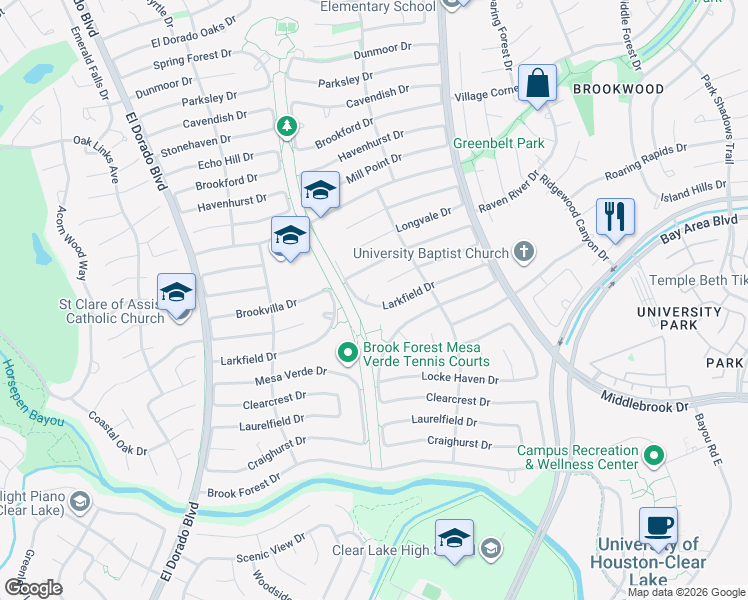 map of restaurants, bars, coffee shops, grocery stores, and more near 16367 Larkfield Drive in Houston