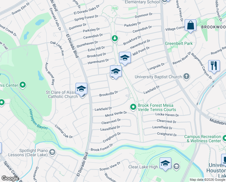 map of restaurants, bars, coffee shops, grocery stores, and more near 15903 Brookvilla Drive in Houston