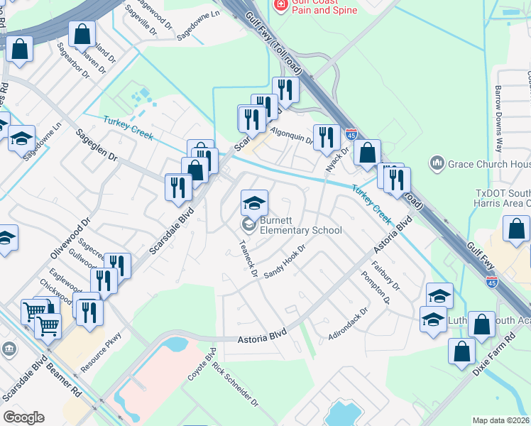 map of restaurants, bars, coffee shops, grocery stores, and more near 11825 Teaneck Drive in Houston