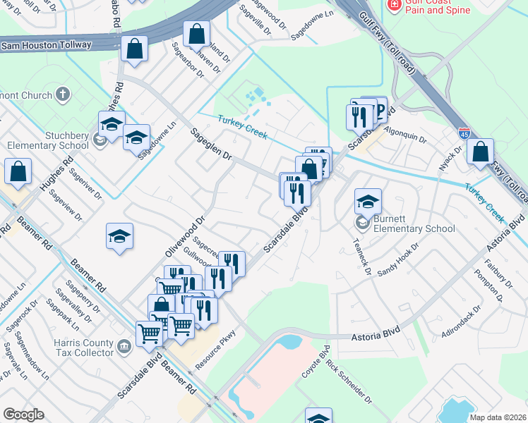 map of restaurants, bars, coffee shops, grocery stores, and more near 11403 Waxwood Drive in Houston
