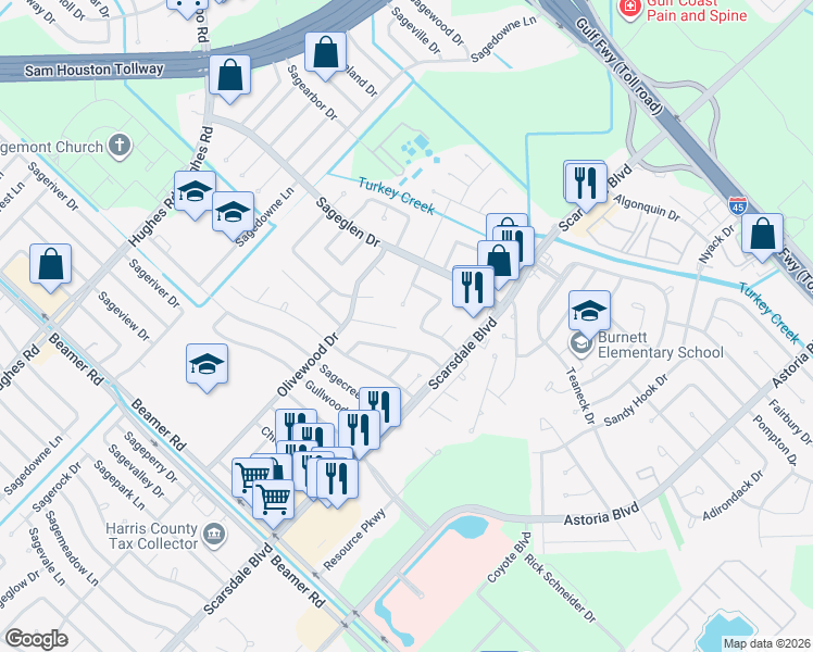map of restaurants, bars, coffee shops, grocery stores, and more near 11403 Waxwood Drive in Houston