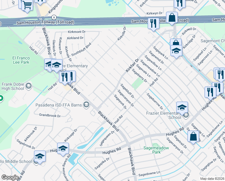map of restaurants, bars, coffee shops, grocery stores, and more near 10534 Sageyork Drive in Houston