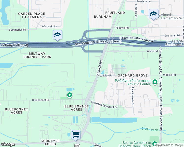 map of restaurants, bars, coffee shops, grocery stores, and more near 14616 Almeda Road in Houston