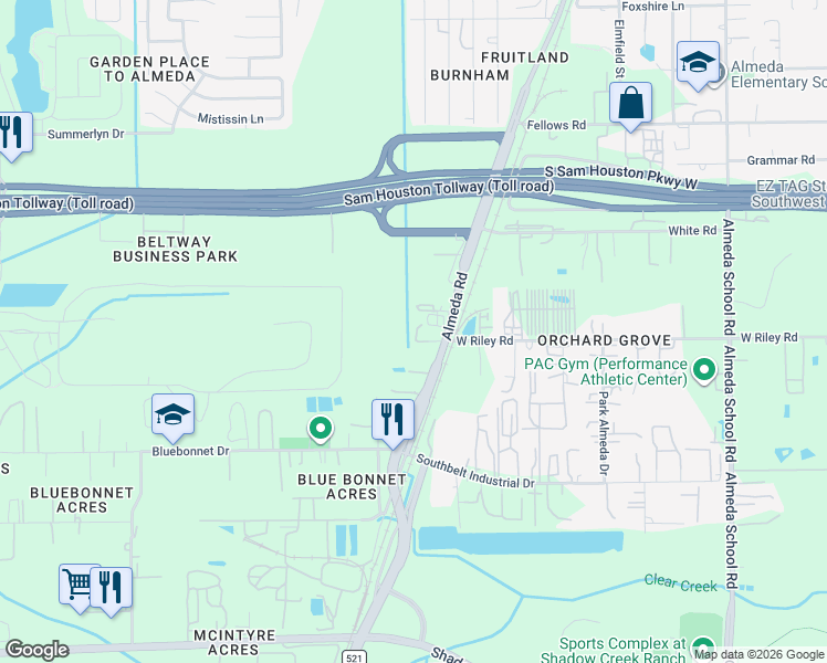 map of restaurants, bars, coffee shops, grocery stores, and more near 3430 West Riley Road in Houston
