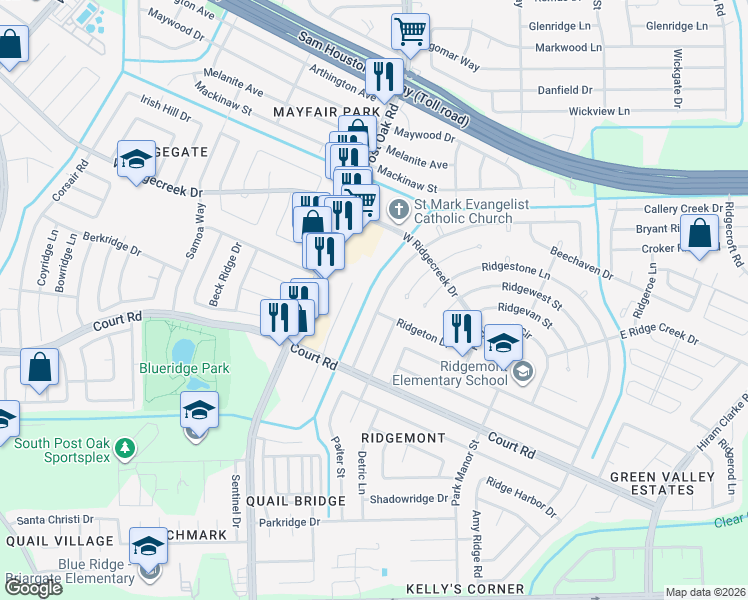 map of restaurants, bars, coffee shops, grocery stores, and more near 5354 Castlecreek Lane in Houston