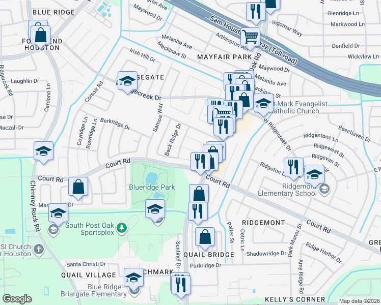 map of restaurants, bars, coffee shops, grocery stores, and more near 5551 Ambern Drive in Houston