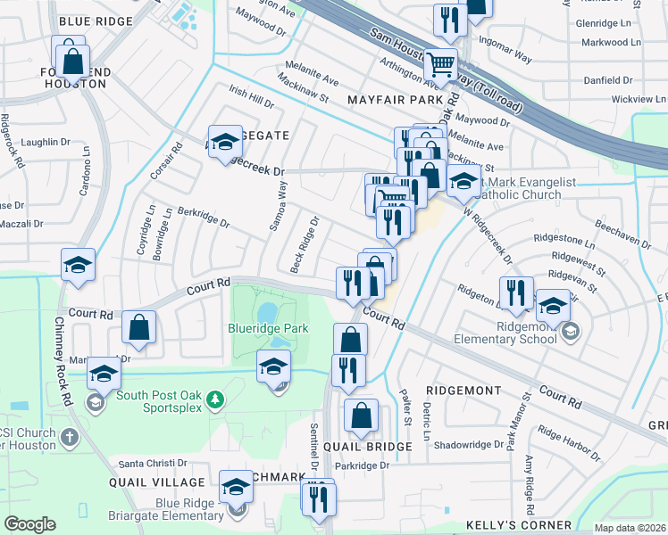 map of restaurants, bars, coffee shops, grocery stores, and more near 5551 Ambern Drive in Houston