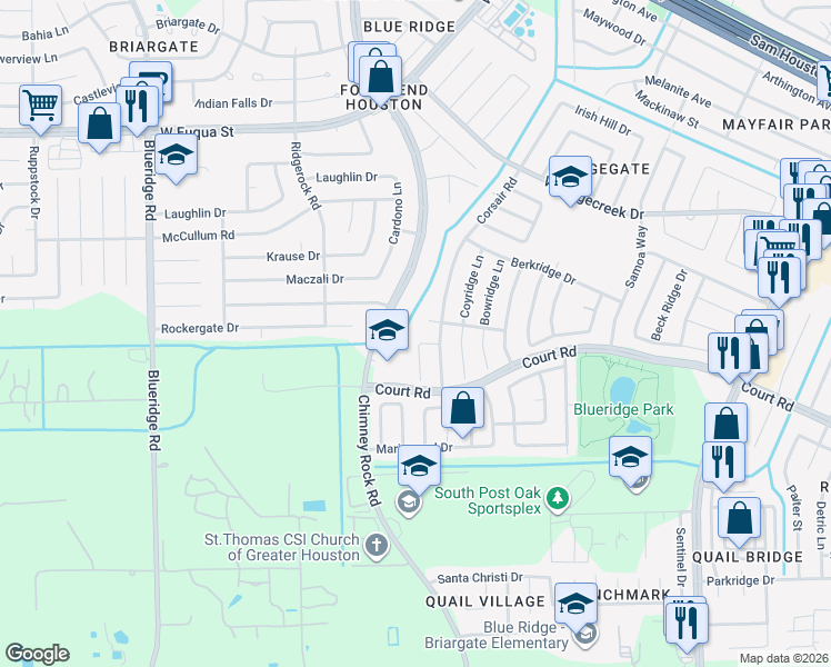map of restaurants, bars, coffee shops, grocery stores, and more near 16218 Knollridge Court in Houston