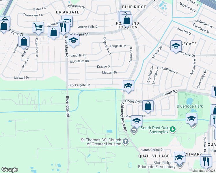 map of restaurants, bars, coffee shops, grocery stores, and more near 6623 Rockergate Drive in Missouri City