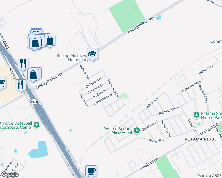 map of restaurants, bars, coffee shops, grocery stores, and more near 7450 Scordato Drive in San Antonio
