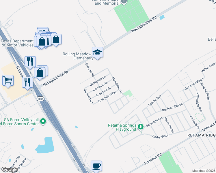 map of restaurants, bars, coffee shops, grocery stores, and more near 7415 Scordato Drive in San Antonio