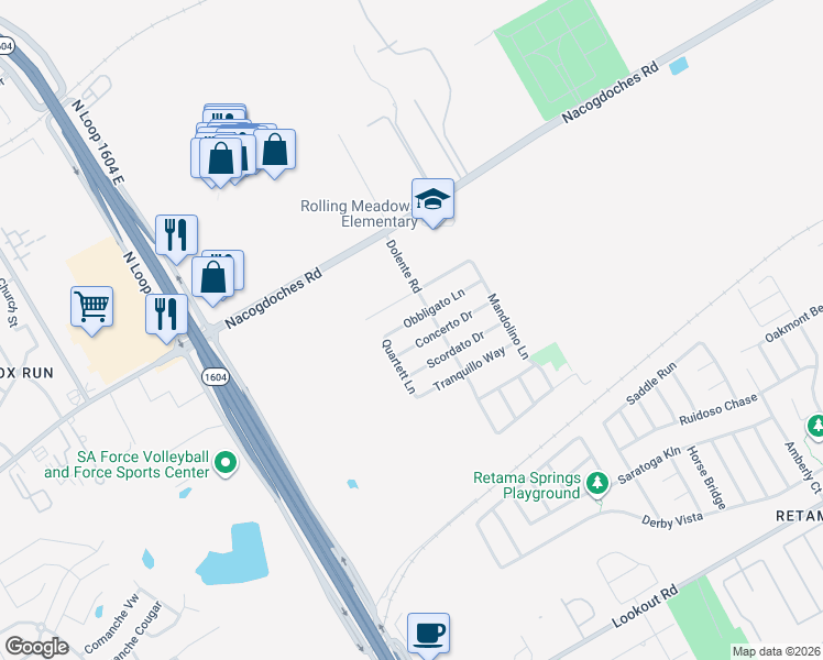 map of restaurants, bars, coffee shops, grocery stores, and more near 7335 Concerto Drive in San Antonio